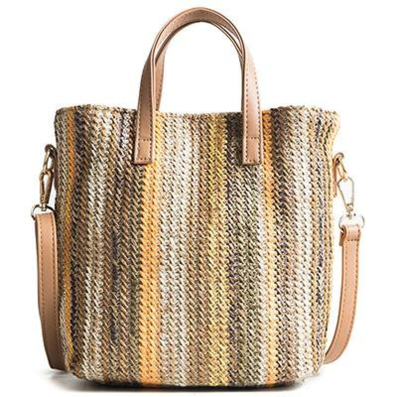 Hand-Woven Rattan Bag Embroidery Shoulder Crossbody Bags - Yellow stripes - HandBag