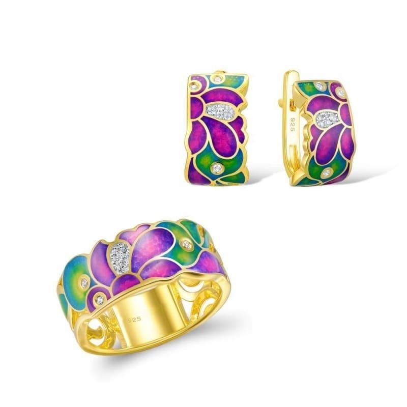 HANDMADE Colorful Enamel White CZ Stones Ring Earrings 925 Sterling Silver Fashion Jewelry Set - 6.75 - jewelry set