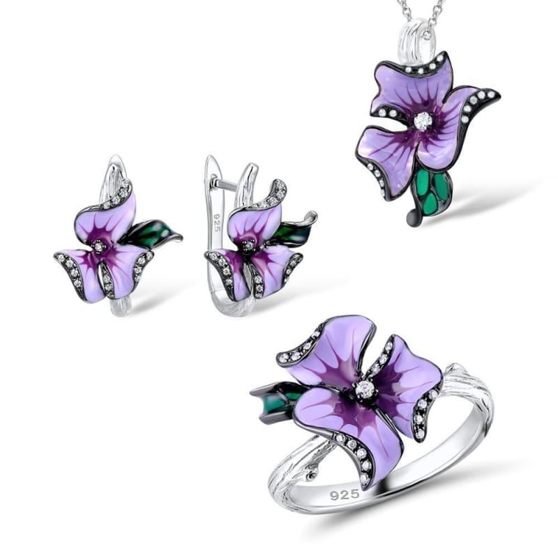 HANDMADE Enamel Elegant Pink Flower Ring Earrings Pendent 925 Sterling Silver Jewelry Set - Jewelry set