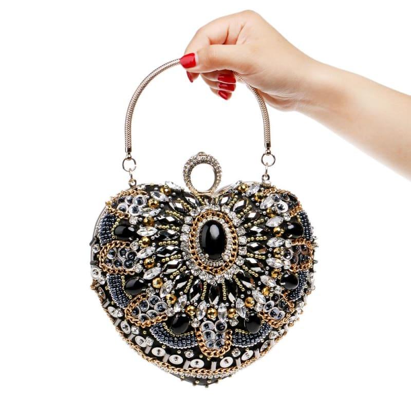 Heart Finger Ring Diamonds Purse Clutch Embroidery Beaded Rhinestones Bag - Clutch