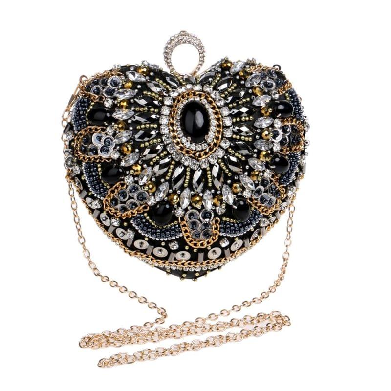 Heart Finger Ring Diamonds Purse Clutch Embroidery Beaded Rhinestones Bag - Clutch