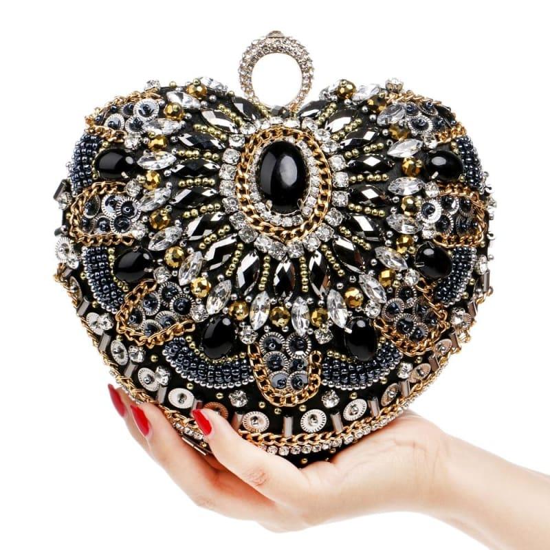 Heart Finger Ring Diamonds Purse Clutch Embroidery Beaded Rhinestones Bag - Clutch