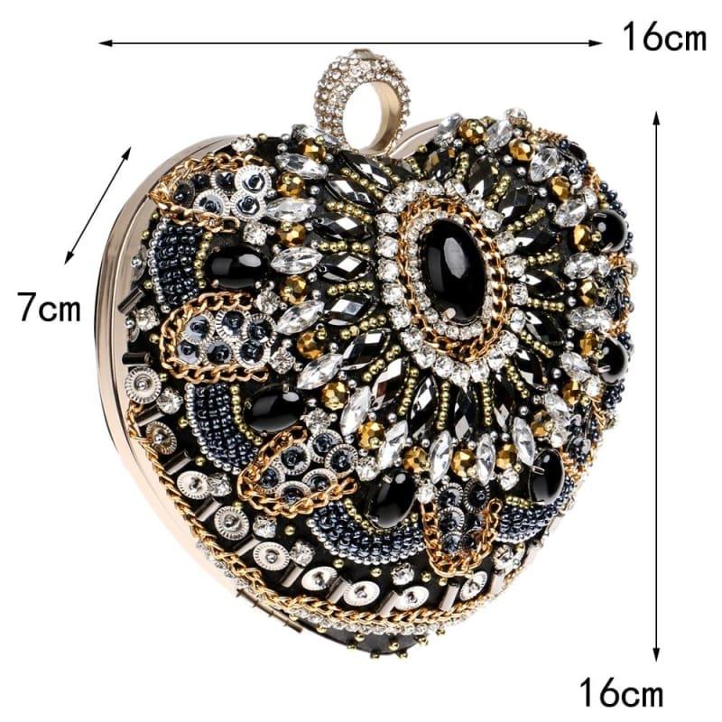 Heart Finger Ring Diamonds Purse Clutch Embroidery Beaded Rhinestones Bag - Clutch