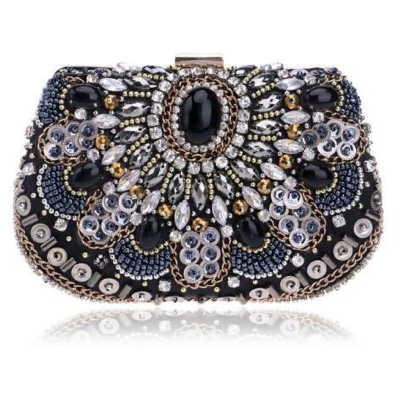 Heart Finger Ring Diamonds Purse Clutch Embroidery Beaded Rhinestones Bag - YM1029Black - Clutch