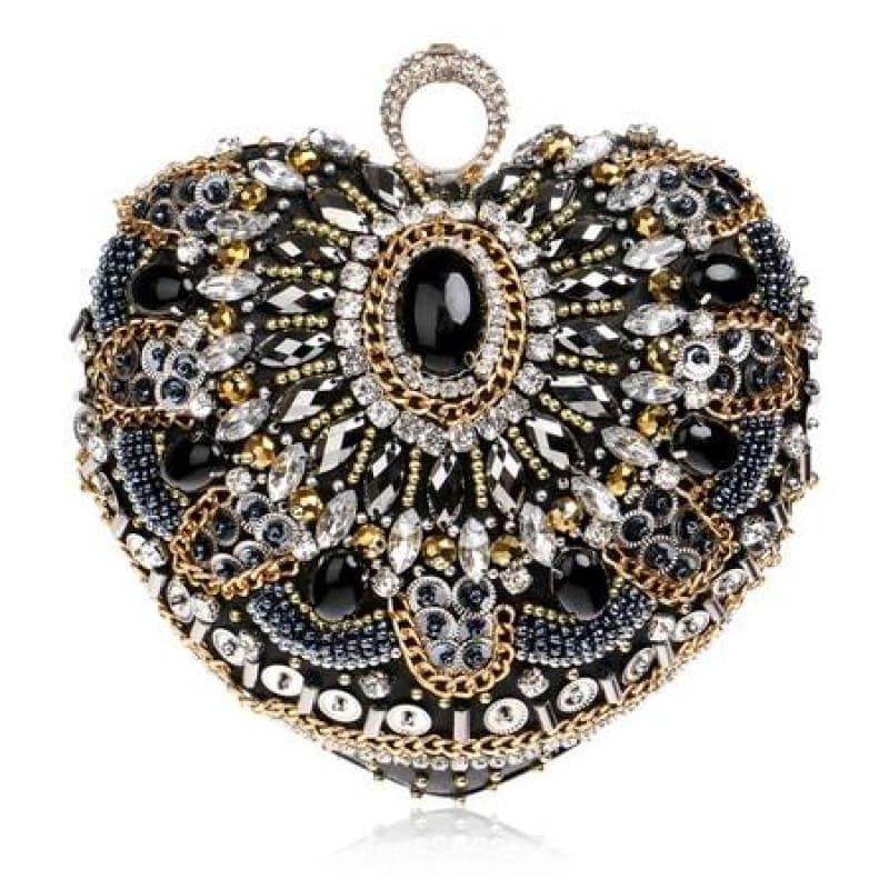 Heart Finger Ring Diamonds Purse Clutch Embroidery Beaded Rhinestones Bag - YM1127Black - Clutch