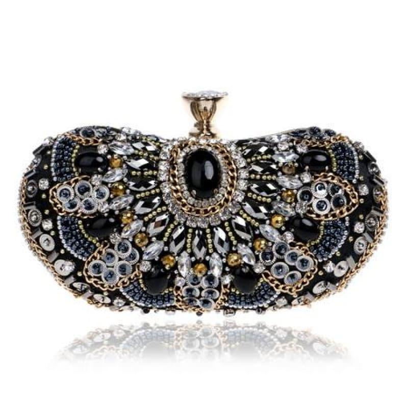 Heart Finger Ring Diamonds Purse Clutch Embroidery Beaded Rhinestones Bag - YM1128Black - Clutch