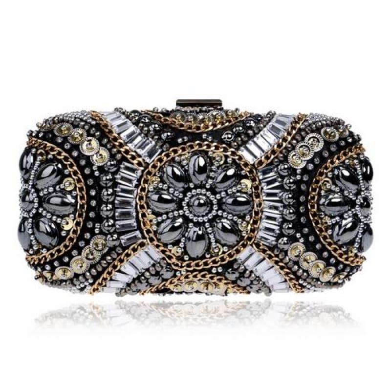 Heart Finger Ring Diamonds Purse Clutch Embroidery Beaded Rhinestones Bag - YM1142Black - Clutch