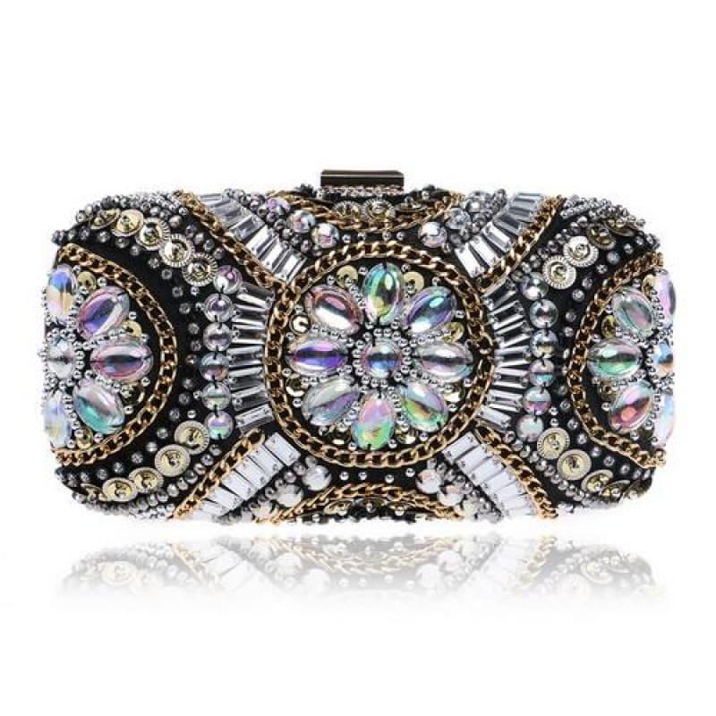 Heart Finger Ring Diamonds Purse Clutch Embroidery Beaded Rhinestones Bag - YM1142white - Clutch