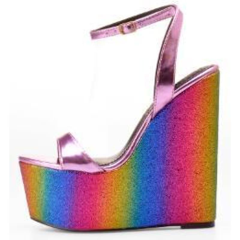 High Heels Ankle Strap Rainbow Wedges Dress Sandals - Rainbow / 5 - Sandals