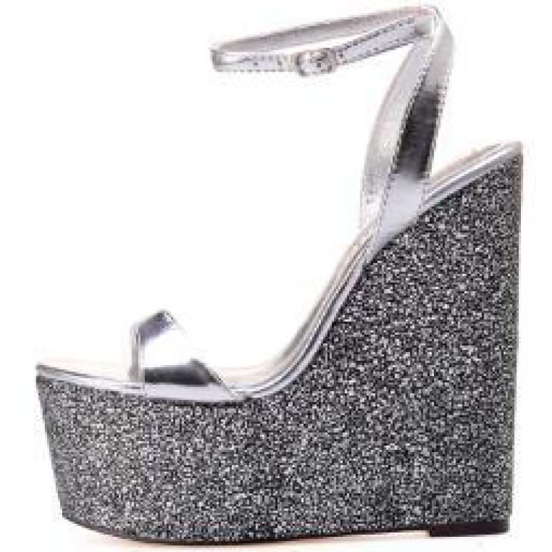 High Heels Ankle Strap Rainbow Wedges Dress Sandals - Silver / 5 - Sandals