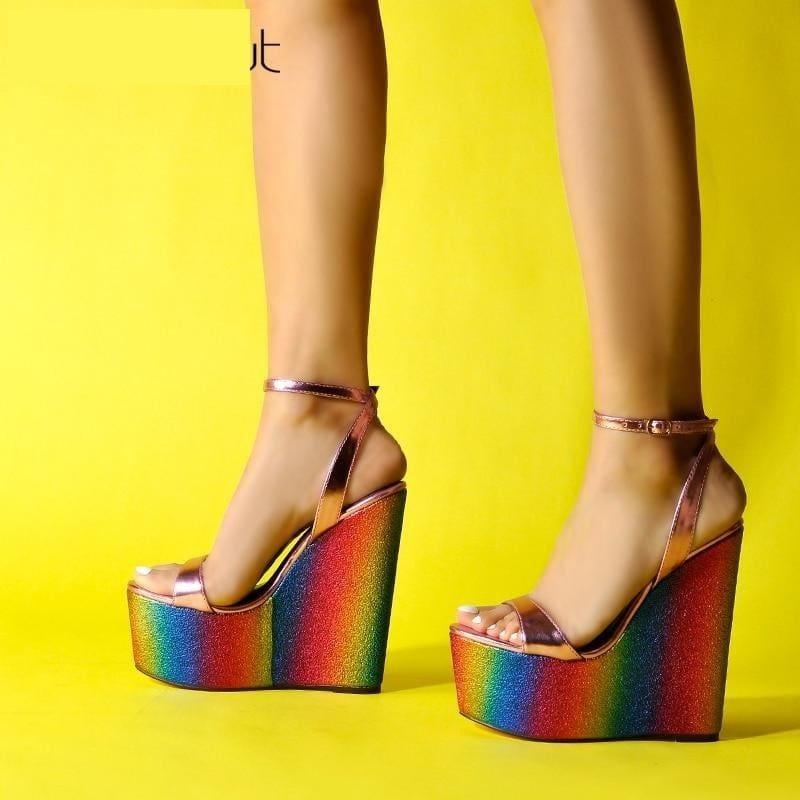 High Heels Ankle Strap Rainbow Wedges Dress Sandals - Sandals