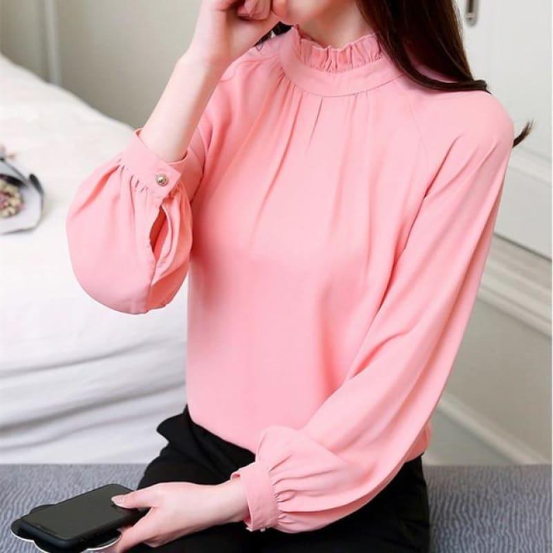 High Neck Long Sleeve Chiffon Blouse - Pink / S - Long sleeve