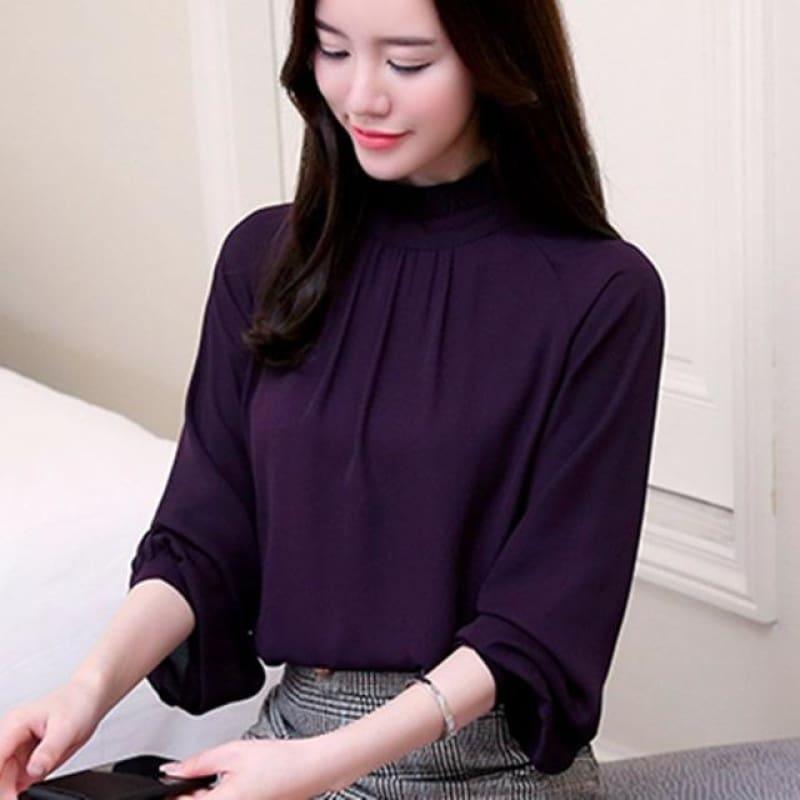 High Neck Long Sleeve Chiffon Blouse - Purple / S - Long sleeve