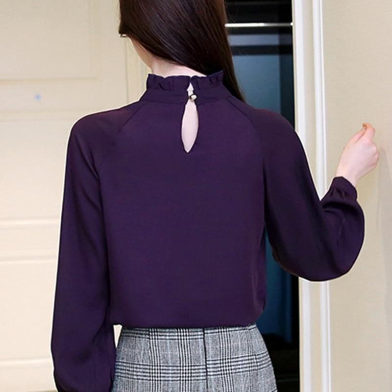 High Neck Long Sleeve Chiffon Blouse - Long sleeve