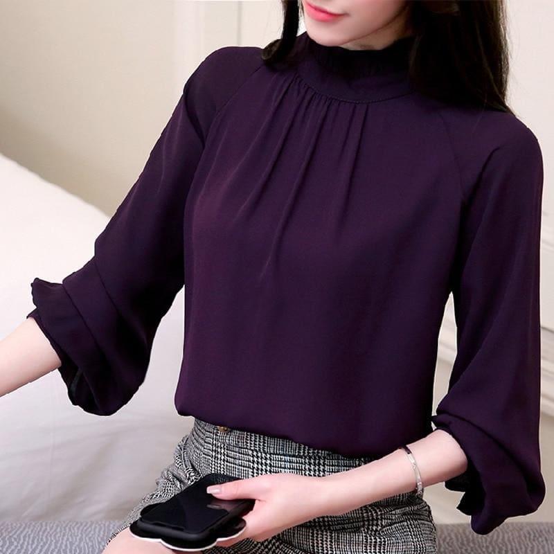 High Neck Long Sleeve Chiffon Blouse - Long sleeve