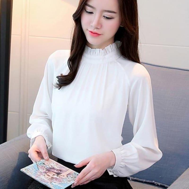 High Neck Long Sleeve Chiffon Blouse - WHITE / S - Long sleeve