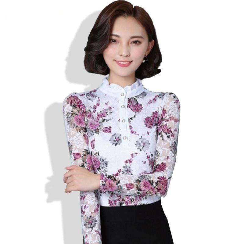 High Neck Slim Printed Shirt Lace Tops - Long Sleeve