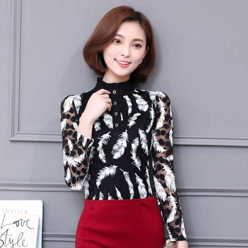 High Neck Slim Printed Shirt Lace Tops - Long Sleeve