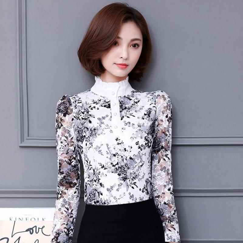 High Neck Slim Printed Shirt Lace Tops - Long Sleeve