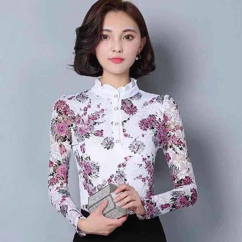 High Neck Slim Printed Shirt Lace Tops - Long Sleeve