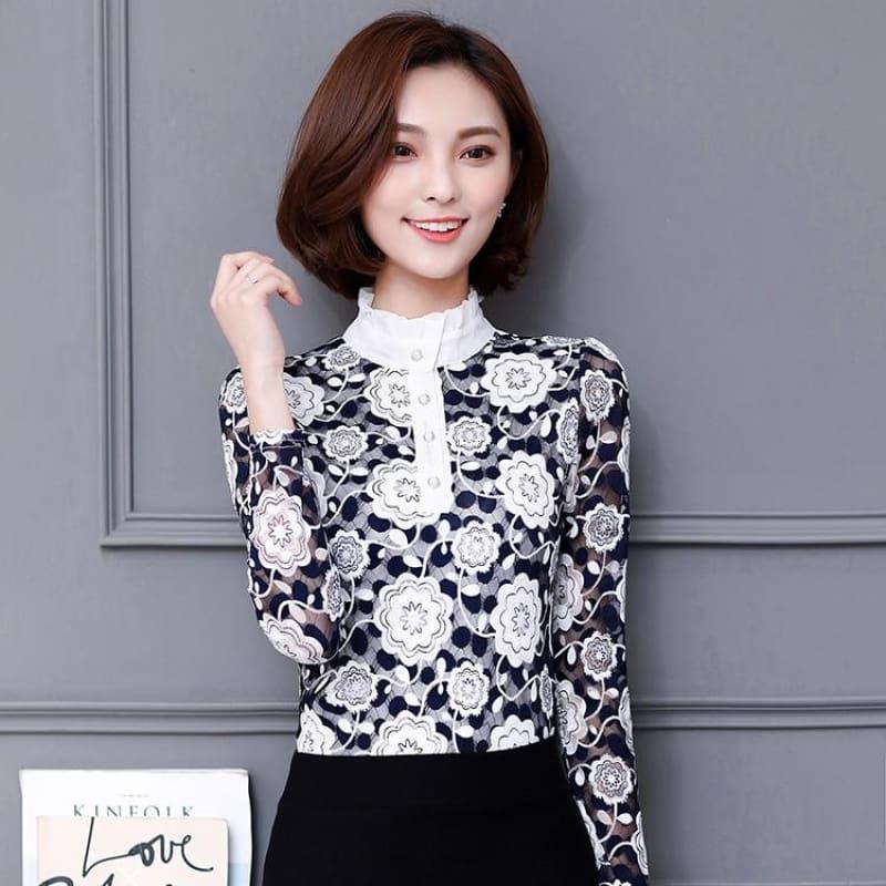 High Neck Slim Printed Shirt Lace Tops - Long Sleeve