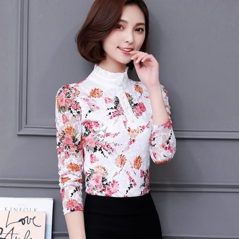 High Neck Slim Printed Shirt Lace Tops - style 4 / 4XL - Long Sleeve