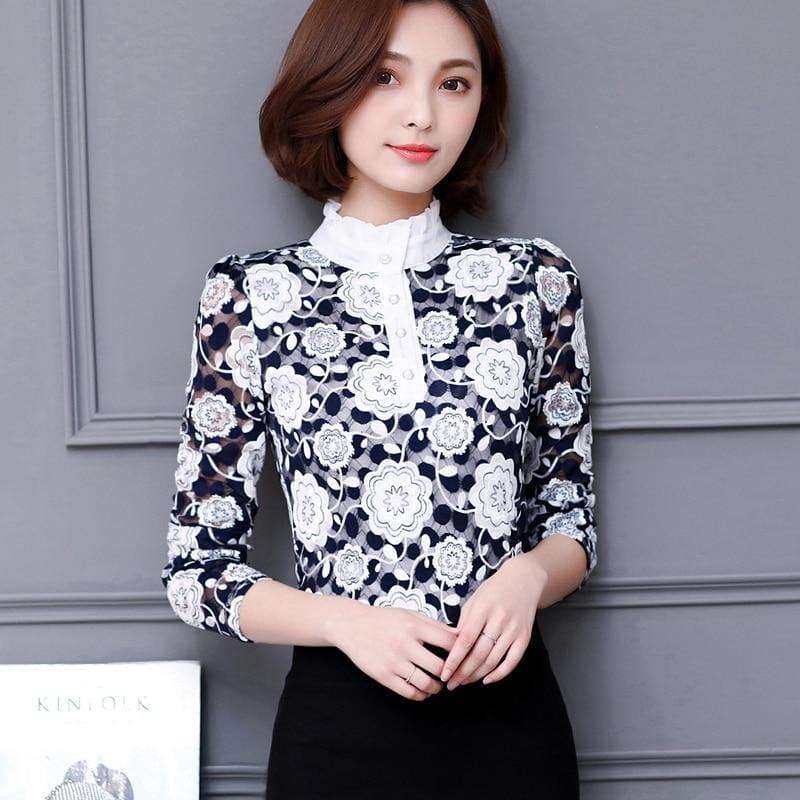 High Neck Slim Printed Shirt Lace Tops - style 7 / 4XL - Long Sleeve