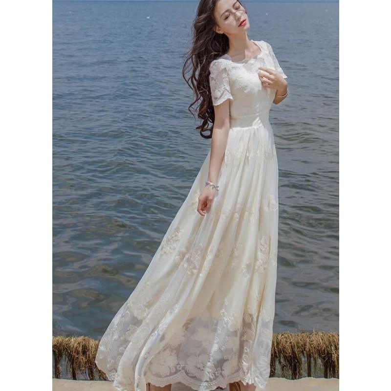 High Quality Stylish Short Sleeve Flower Embroidery A Patterned Lace Long Maxi Dress - Beige / S - Gown