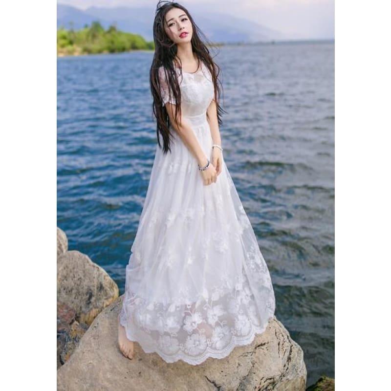High Quality Stylish Short Sleeve Flower Embroidery A Patterned Lace Long Maxi Dress - Gown