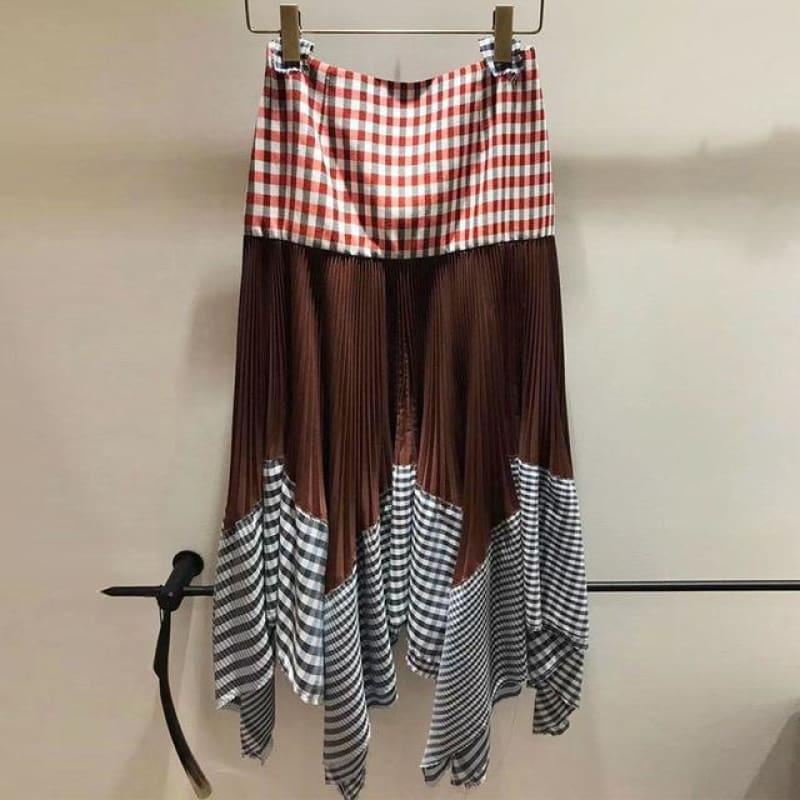High Waist Plaid Contrast Color Patchwork Pleated Skirt - red / L - Skirt