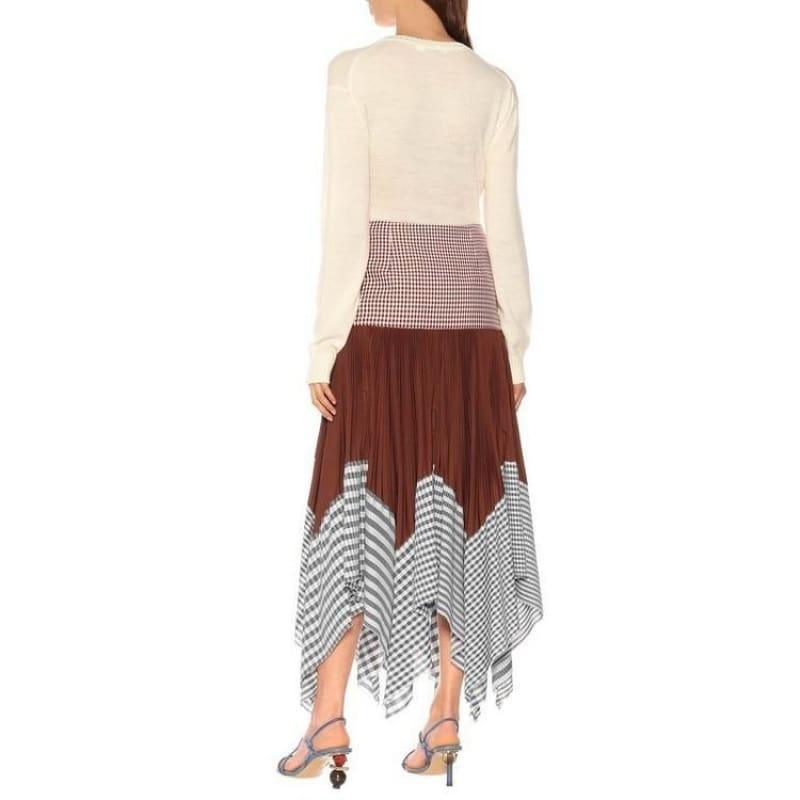 High Waist Plaid Contrast Color Patchwork Pleated Skirt - Skirt