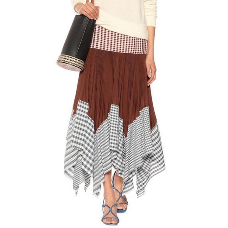 High Waist Plaid Contrast Color Patchwork Pleated Skirt - Skirt