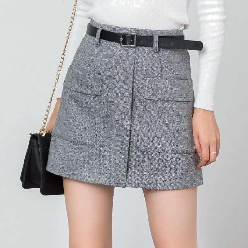 High Waist Tweed Woolen Mini Skirts - Skirts