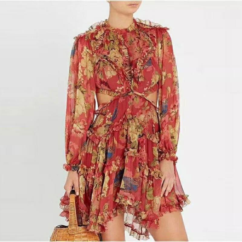 Holiday Flower Print Backless Fashion Silk Runway Mini Dress - 1 / L - mini dress