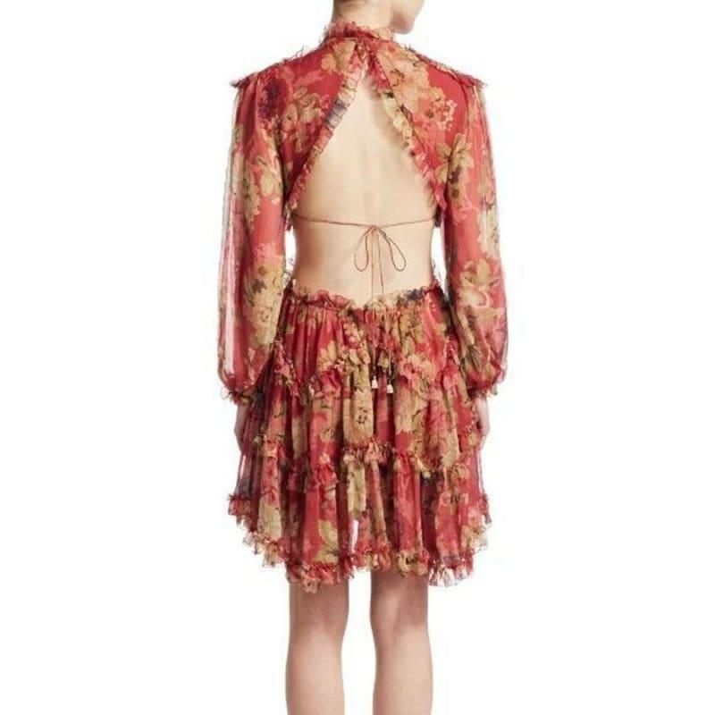 Holiday Flower Print Backless Fashion Silk Runway Mini Dress - TeresaCollections