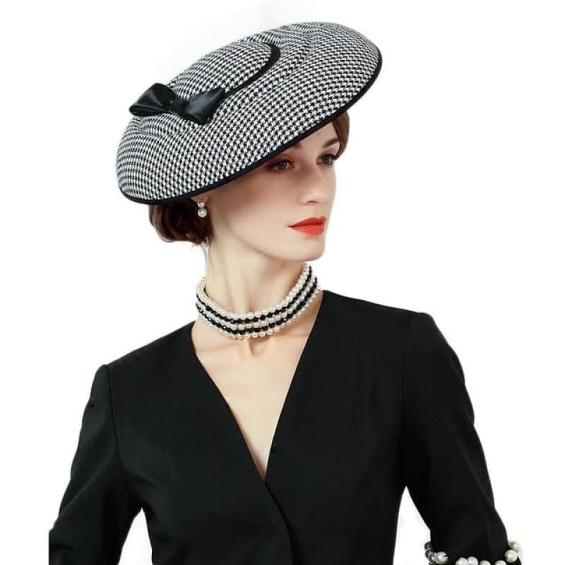 Houndstooth Red Black Bowknot Felt Hat Pillbox Formal Cocktail Church Wedding Dress - Black pillbox hat - hats