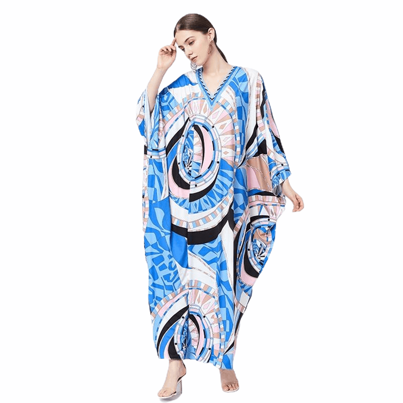 Blue Silk Bohemian Plus Size Dress V-neck Batwing Sleeve Maxi Dress - TeresaCollections