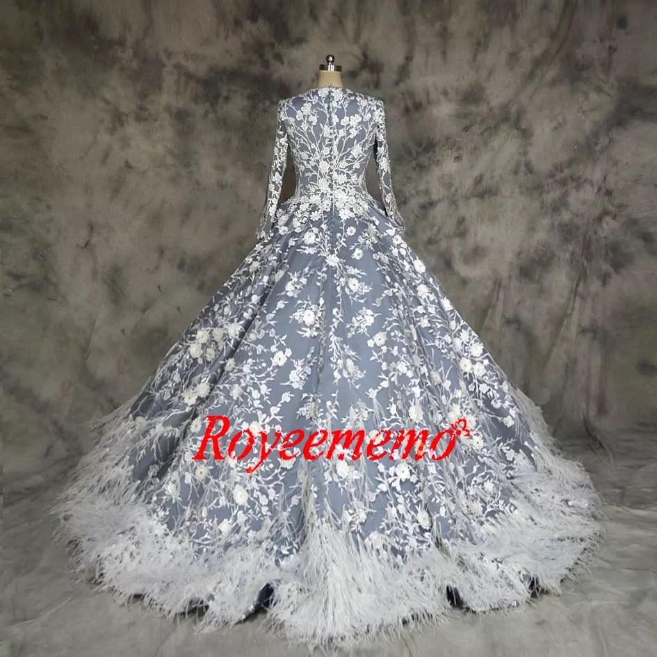 Elegant Muslim Feather Long Sleeves Wedding Dress - TeresaCollections
