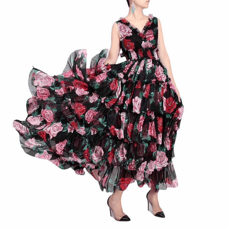 Floral-Print Ruffles Elastic Waist Maxi Dress - TeresaCollections