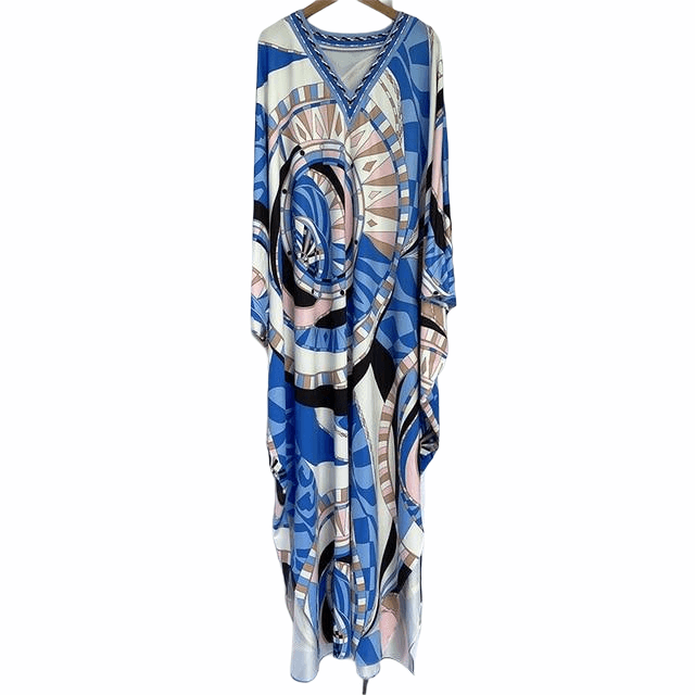 Blue Silk Bohemian Plus Size Dress V-neck Batwing Sleeve Maxi Dress - TeresaCollections