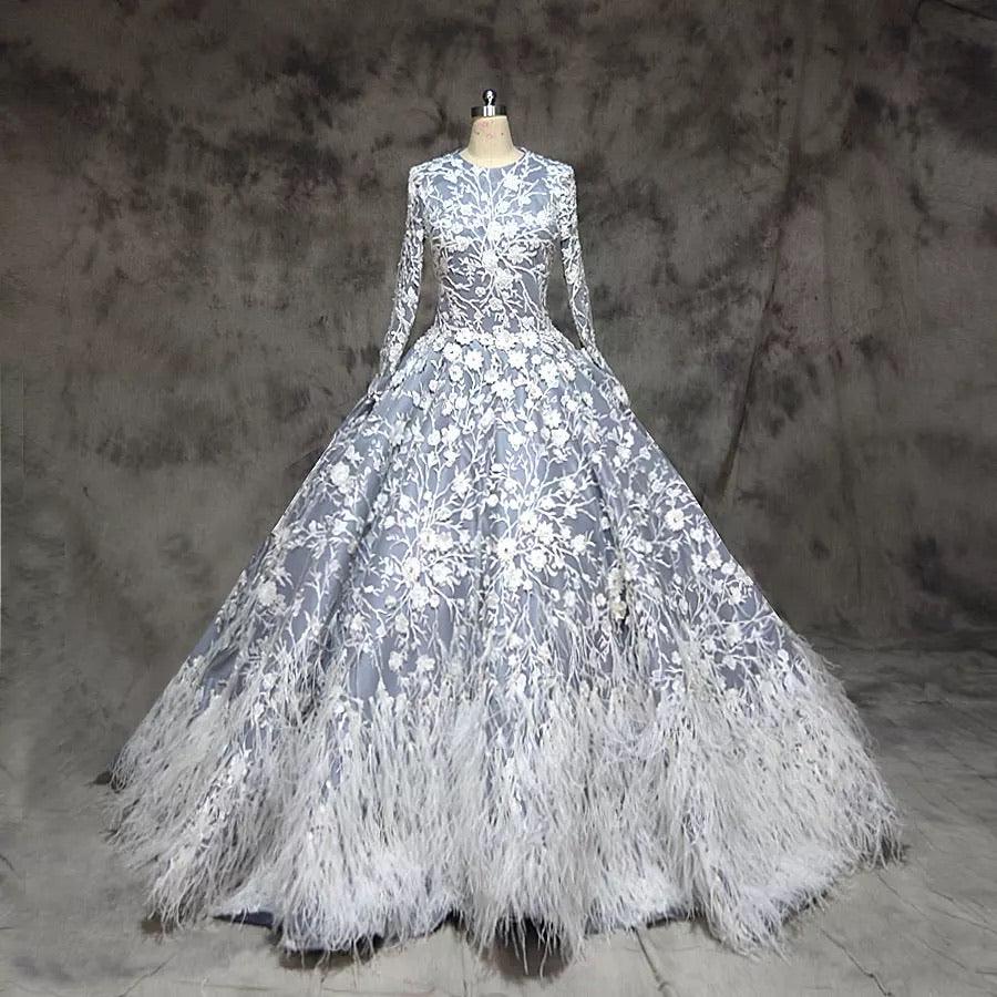 Elegant Muslim Feather Long Sleeves Wedding Dress - TeresaCollections