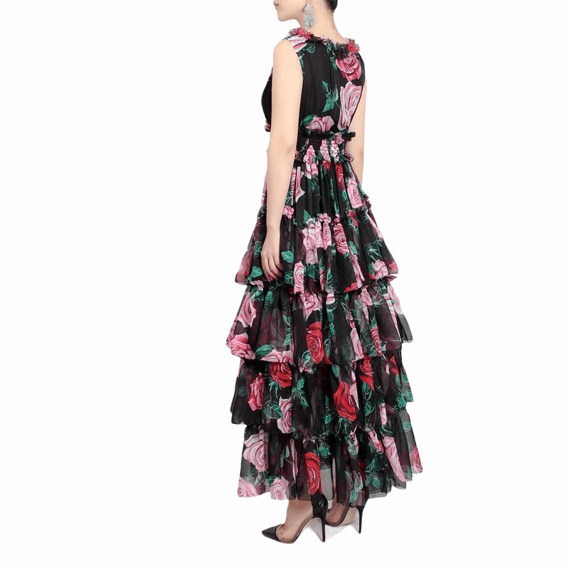 Floral-Print Ruffles Elastic Waist Maxi Dress - TeresaCollections