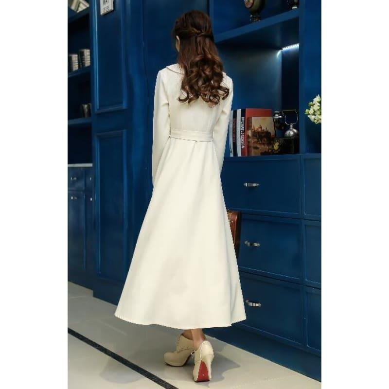 Ivory Vintage Style High Quality Peter Pan Collar Button Embroidery Long Sleeve Midi Dress - TeresaCollections