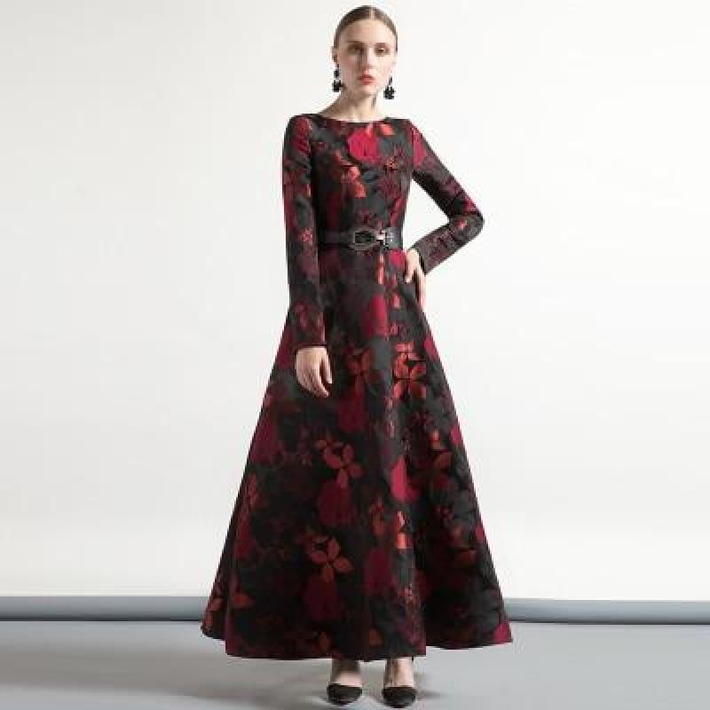 Jacquard Elegant Vintage Long Sleeve Long Formal Maxi Dress - Black / S - Gown