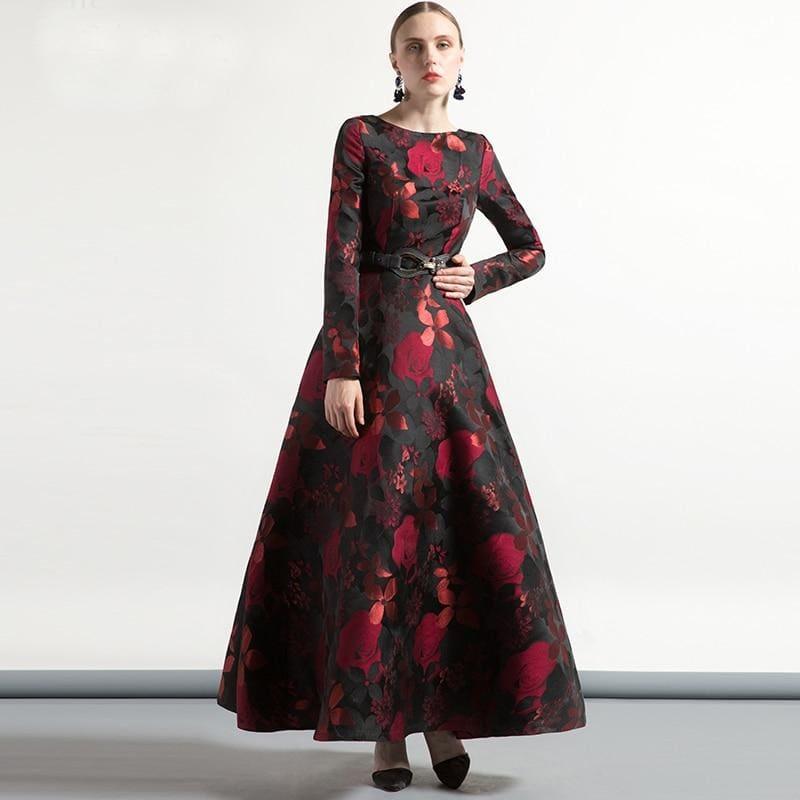Jacquard Elegant Vintage Long Sleeve Long Formal Maxi Dress - Gown