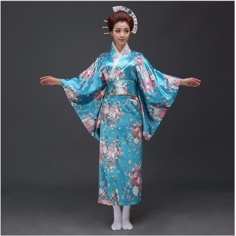 Japanese Traditioinal Satin Kimono Classic Dress Floral One Size Midi Dress - TeresaCollections