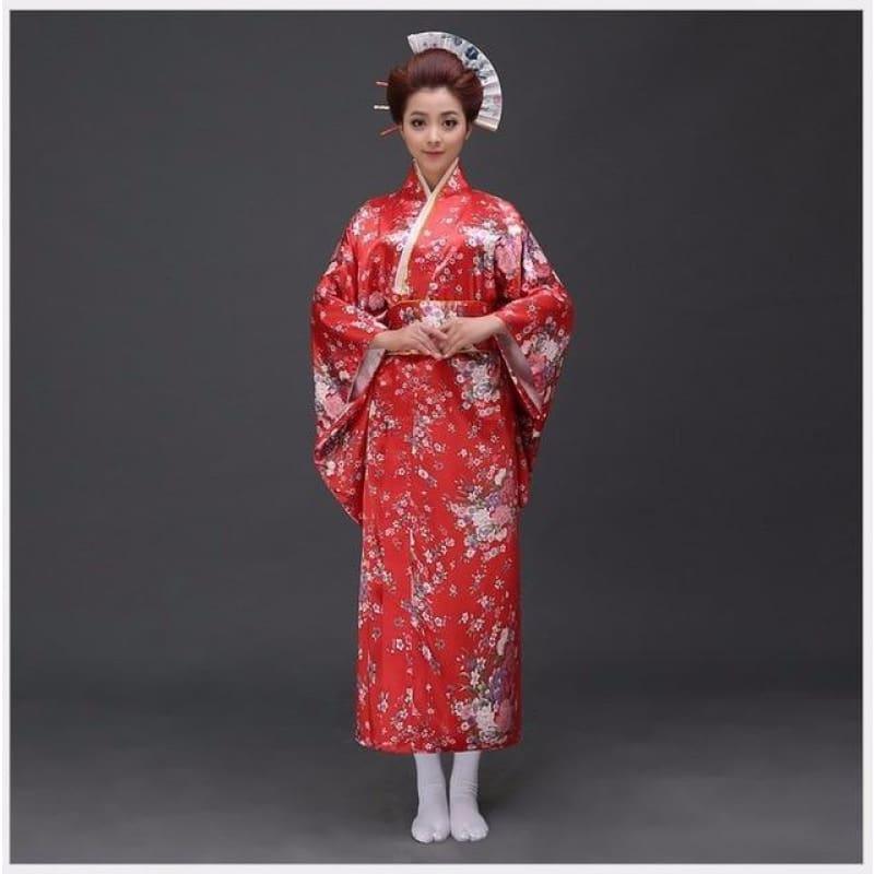 Japanese Traditioinal Satin Kimono Classic Dress Floral One Size Midi Dress - TeresaCollections