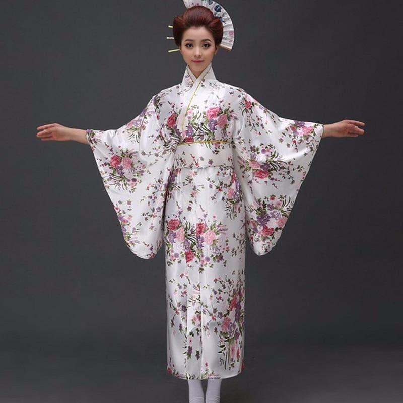 Japanese Traditioinal Satin Kimono Classic Dress Floral One Size Midi Dress - TeresaCollections