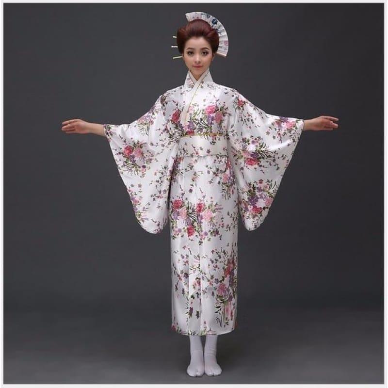 Japanese Traditioinal Satin Kimono Classic Dress Floral One Size Midi Dress - TeresaCollections