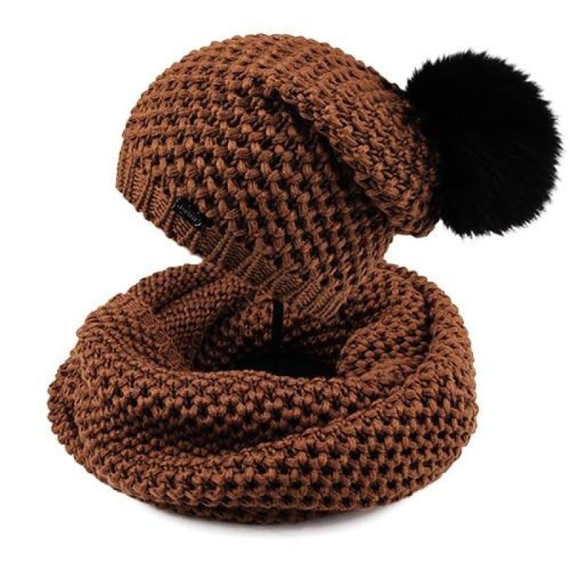 Knitted Beanie Hat and Infinity Scarf Set Real Fox Fur Pom Pom Hats - TeresaCollections